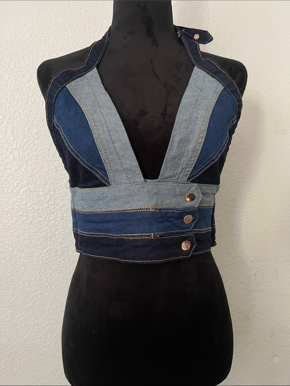 Fashion Nova Multi-Tone Blue Patchwork Denim Halter Crop Top